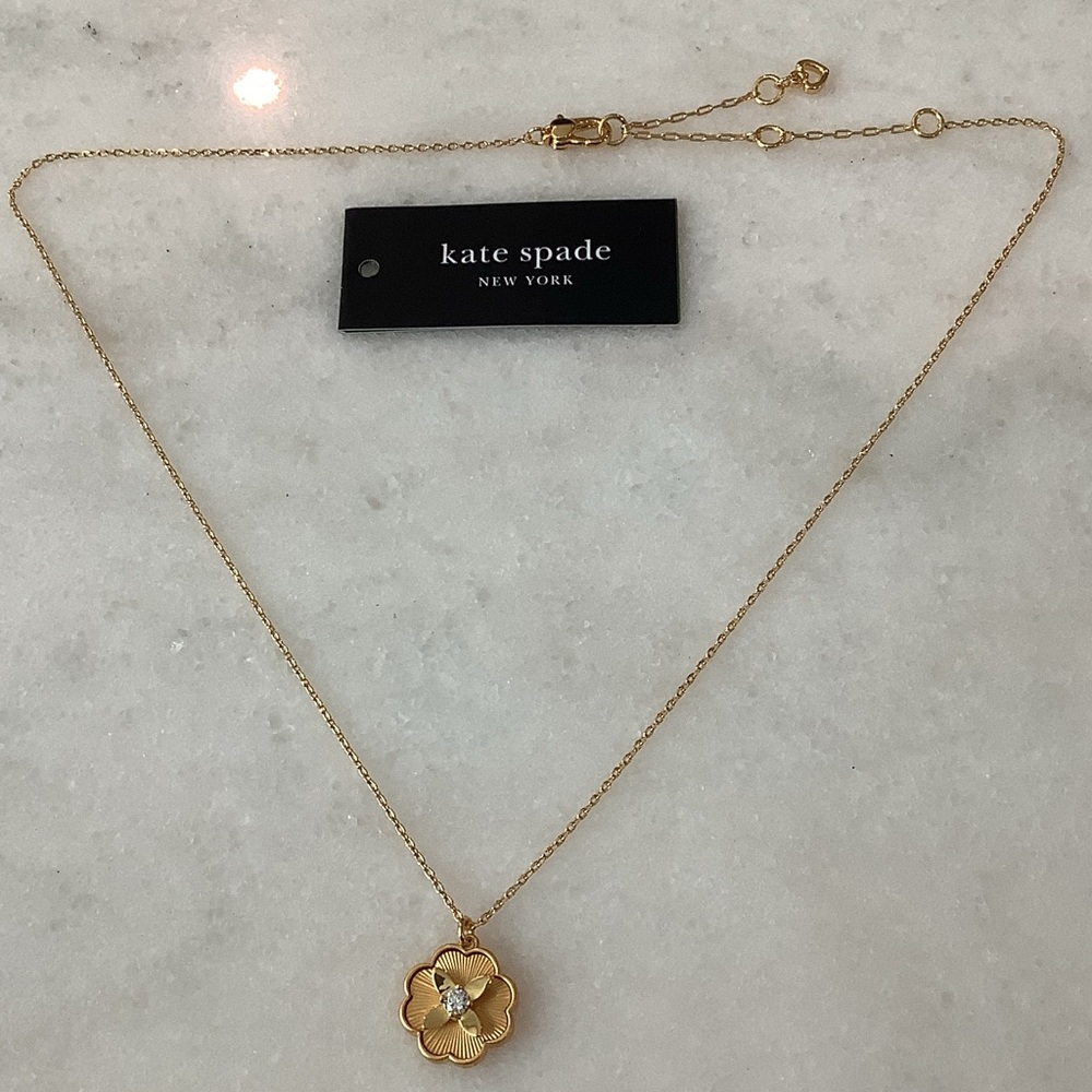 kate spade Gold Tone Floral Pendant With Crystal Center, Brand New